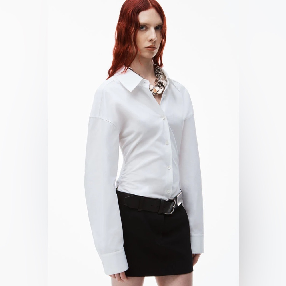 Alexander Wang Women Knit Combo Cinched Waist Shirt in White